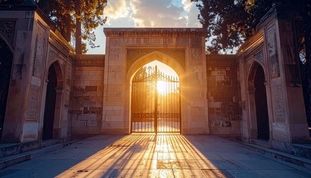 A grand, ancient-looking stone gateway with ornate carvings is bathed in the warm, golden light of sunset, casting long shadows.