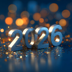 A shiny 2026 number with bokeh lights in the background for new year