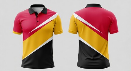 Men's polo shirt mockup featuring abstract flame speed graphic in purple, pink, and orange and a matching gradient color back view isolated.
