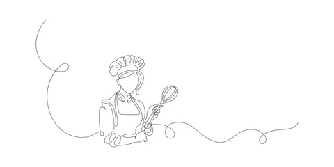 Continuous line drawing of woman chef preparing food illustration