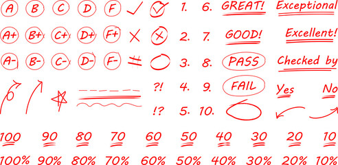 hand drawn red pen grades and numerical doodles, different signs of homework and exam check vectors, editable stroke