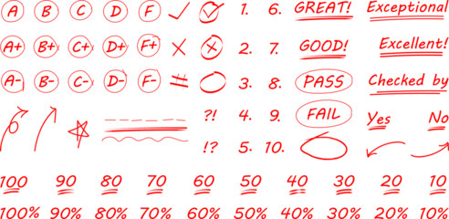 hand drawn red pen grades and numerical doodles, different signs of homework and exam check vectors, editable stroke