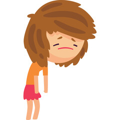 Pixelated Sad Girl in Orange Shirt and Pink Skirt with Brown Hair Slumped Over Isolated on White Background