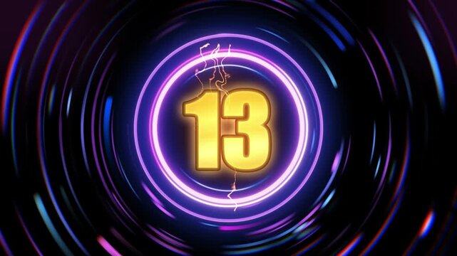 Animated countdown with neon circles and number thirteen in gold against a dark background