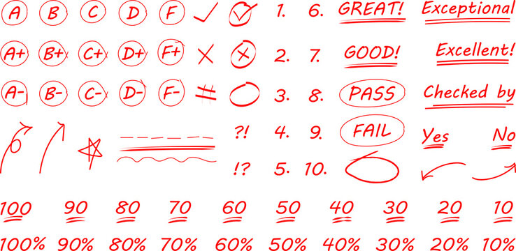 hand drawn red pen grades and numerical doodles, different signs of homework and exam check vectors, editable stroke