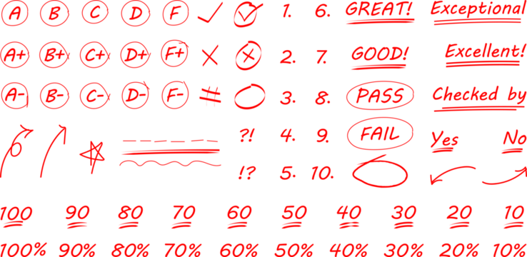 hand drawn red pen grades and numerical doodles, different signs of homework and exam check vectors, editable stroke