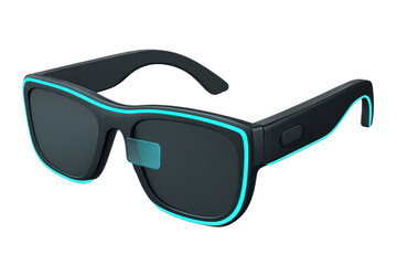Futuristic glowing neon blue light up sunglasses with dark lenses and black frames for parties and festivals isolated on transparent background