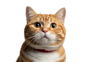 Adorable ginger tabby cat looking upward with curious expression, pet portrait, feline friend, orange cat, isolated on transparent background