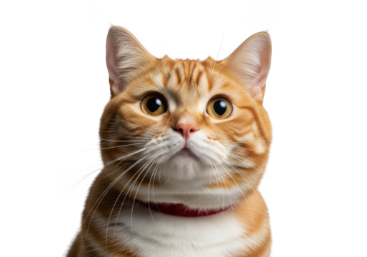 Adorable ginger tabby cat looking upward with curious expression, pet portrait, feline friend, orange cat, isolated on transparent background