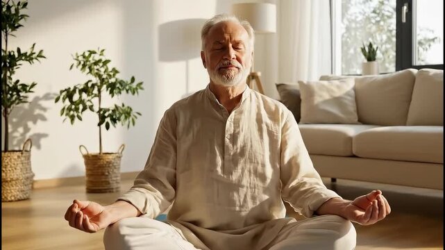 Senior man meditating in lotus position on yoga mat at home in the morning, 4k video