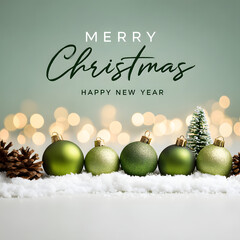 Merry christmas and happy new year with green ornaments on white snow