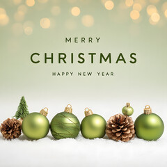 Christmas ornaments and pinecones on snow with bokeh lights background