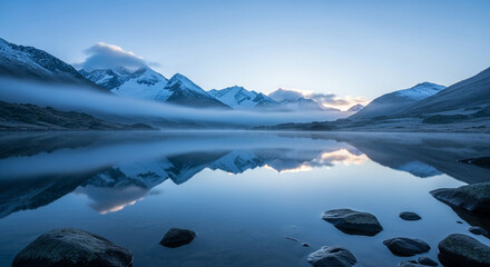Calm Mountain Lake Reflection with Fog and Snowy Peaks at Dawn