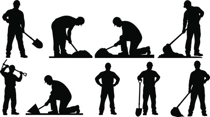 Construction worker silhouette, manual labor, digging pose, tool usage, kneeling figure, pickaxe action, black outline, white background, job site, industrial task