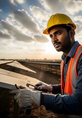 Solar Technician Working on Panel Installation at Sunrise