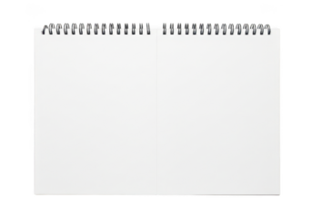 Stock photo of blank spiral notebook, sketchbook, notepad, paper, school supplies, office supplies, stationery, white page isolated on transparent background