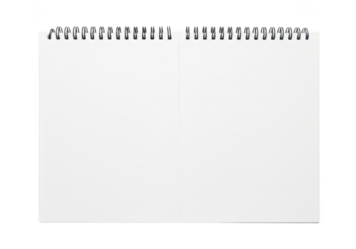 Stock photo of blank spiral notebook, sketchbook, notepad, paper, school supplies, office supplies, stationery, white page isolated on transparent background