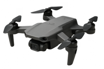 A compact foldable drone with four propellers and a camera gimbal is depicted in a realistic 3d render isolated on transparent background