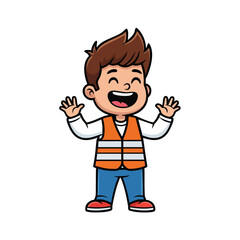 A happy young boy wearing a safety vest and waving his hands with a big smile.