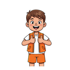Happy cartoon boy with brown hair wearing an orange vest and shorts giving two thumbs up.