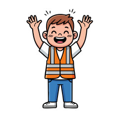 Cartoon boy in safety vest with hands up, smiling.