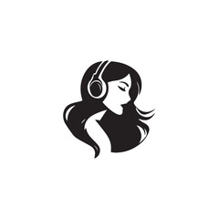 Black Vector Illustration of Woman Wearing Headphone in Clean Minimal Style on White Background