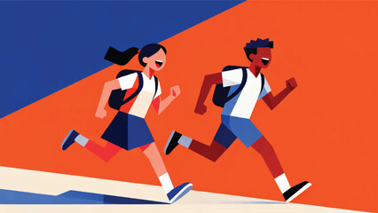 Illustration Of Two Friends Running To School While Laughing Vector Design Template