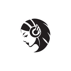 Black Vector Illustration of Woman Wearing Headphone in Clean Minimal Style on White Background