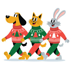 Naklejka premium Three cartoon animals wearing Christmas sweaters walking together rabbit festive