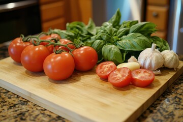 A rustic kitchen scene with fresh ingredients like tomatoes, basil, and garlic on a wooden cutting board, ready for making pasta sauce