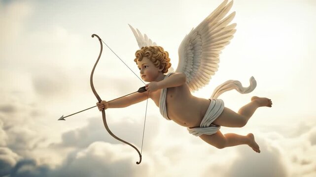 A cherubic angel with wings flying through the sky aiming an arrow with a bow amidst soft clouds and warm sunlight