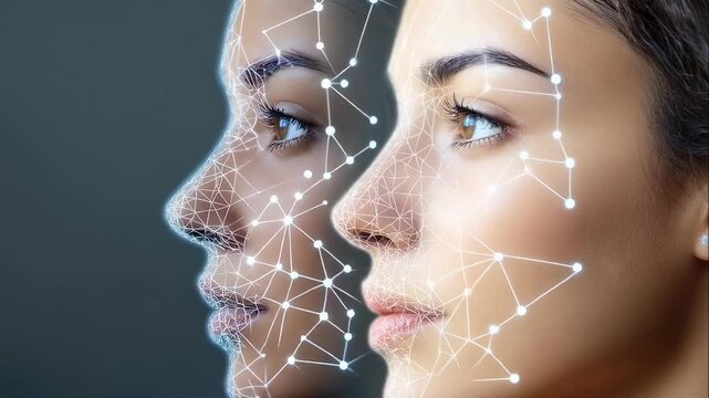 Woman face with network grid overlay tracking facial recognition data for biometrics and identity verification access control. - Powered by Adobe
