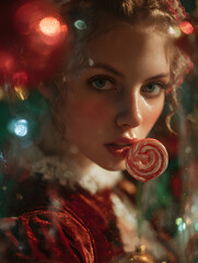 A beautiful woman with a lollipop in her mouth surrounded by christmas lights