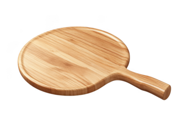 Round wooden pizza peel paddle serving tray board kitchen utensil food preparation tool isolated on transparent background