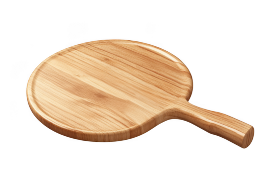 Round wooden pizza peel paddle serving tray board kitchen utensil food preparation tool isolated on transparent background