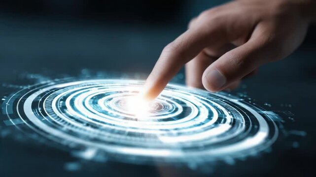 Hand touching a glowing digital interface of concentric circles, emitting light. Focused on finger