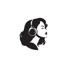 Black Vector Illustration of Woman Wearing Headphone in Clean Minimal Style on White Background