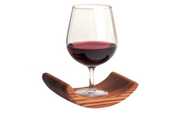 Elegant red wine glass on wooden holder, fine dining, restaurant, bar, beverage, alcohol, drink, celebration, party, isolated on transparent background