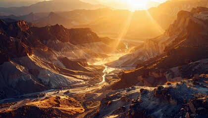 A majestic canyon carved by a river, bathed in the warm glow of a setting sun with dramatic light rays.
