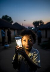 Child Holding Solar Lantern at Dusk in Rural Village