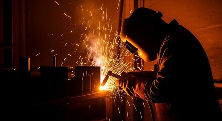 Welder working in dark with sparks
