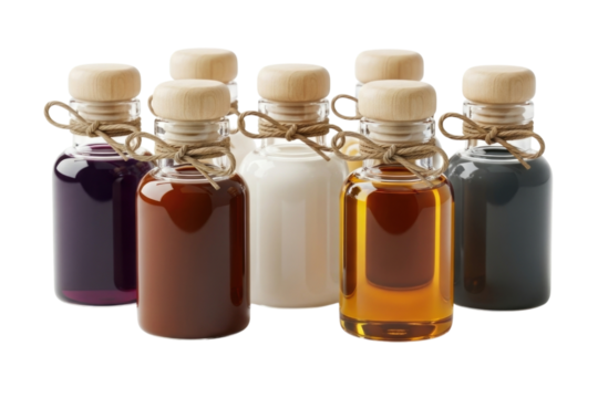 Collection of glass bottles with cork stoppers transparent background cutout png