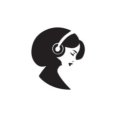 Black Vector Illustration of Woman Wearing Headphone in Clean Minimal Style on White Background
