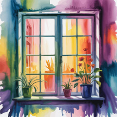 Obraz premium Watercolor Window with Potted Plants and Colorful View graphic from