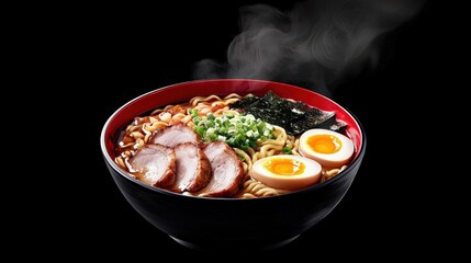 A steaming bowl of ramen with soft-boiled egg, sliced pork, nori, and green onions, served in a traditional Japanese setting