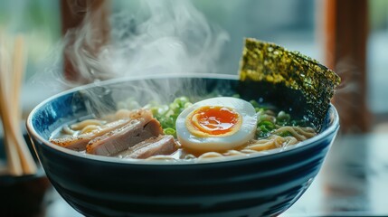 A steaming bowl of ramen with soft-boiled egg, sliced pork, nori, and green onions, served in a traditional Japanese setting