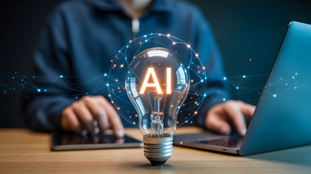 Innovative AI technology solution, lightbulb moment, glowing idea with digital connection, man working on tablet and laptop, smart, modern technology