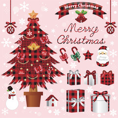 Buffalo Check Christmas Illustration Set with Tree and Gift Boxes Clipart