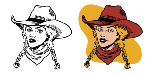 A vintage smiling cowgirl hand drawn illustration