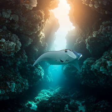 Ray underwater cave sunlight